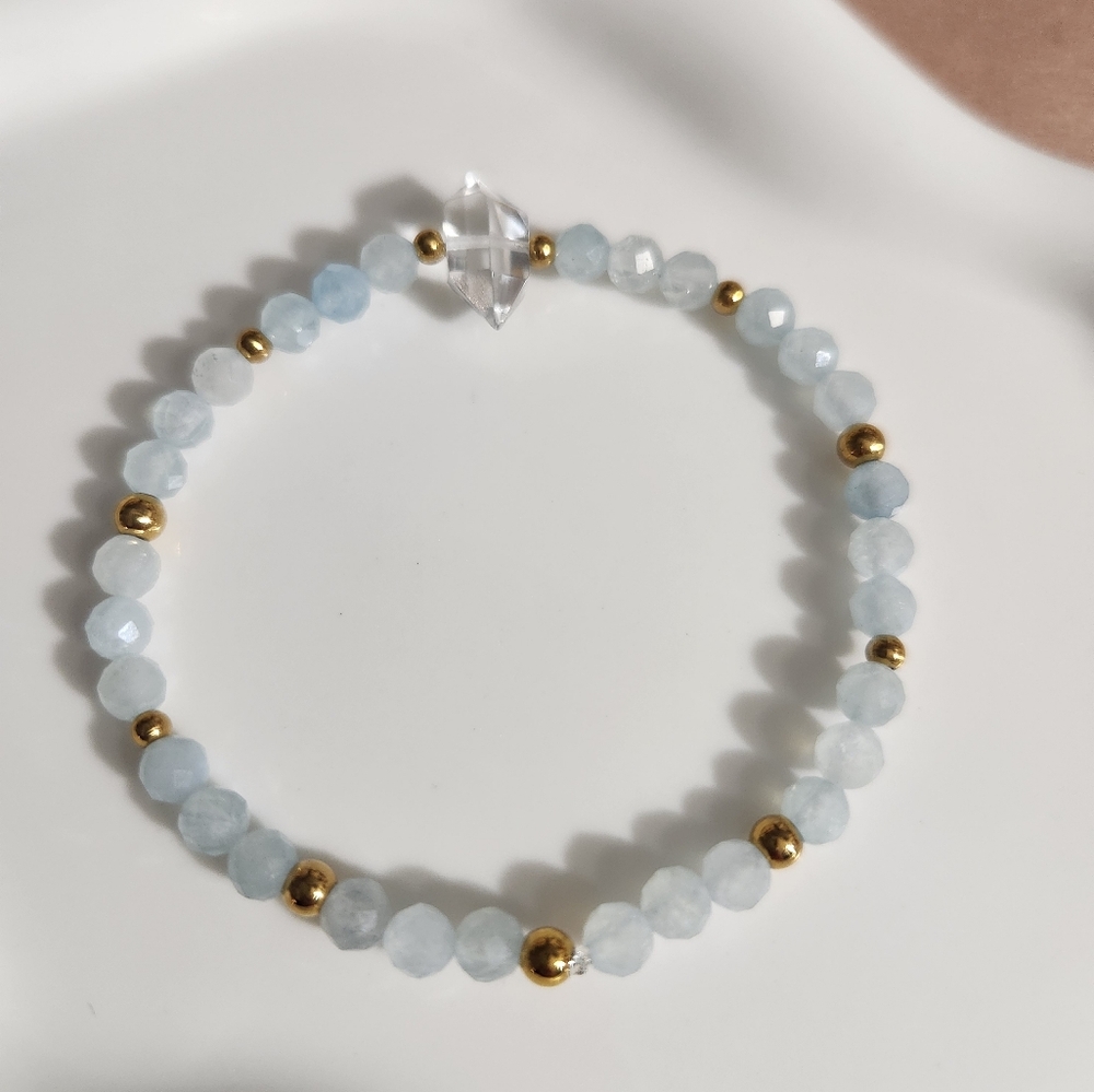 Stretchy Beaded Aquamarine And Herkimer Diamond Bracelet